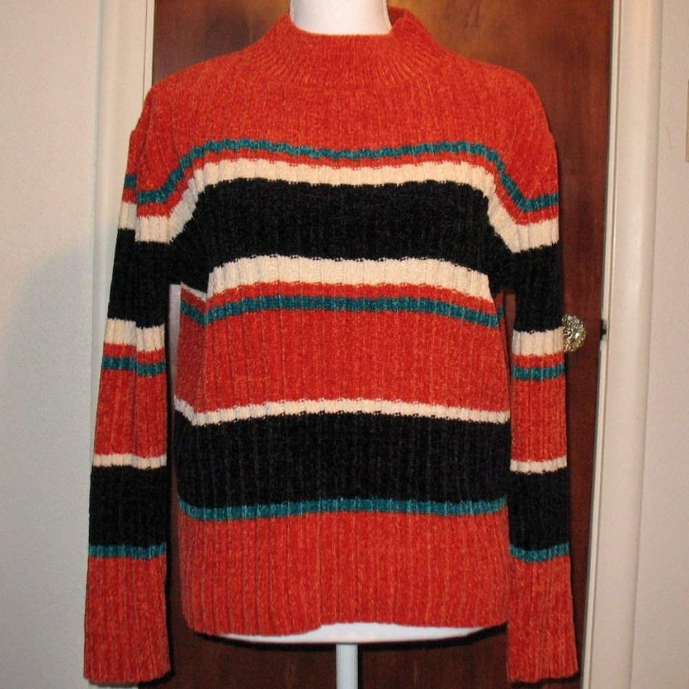 Multi-colored, chenille mock neck sweater